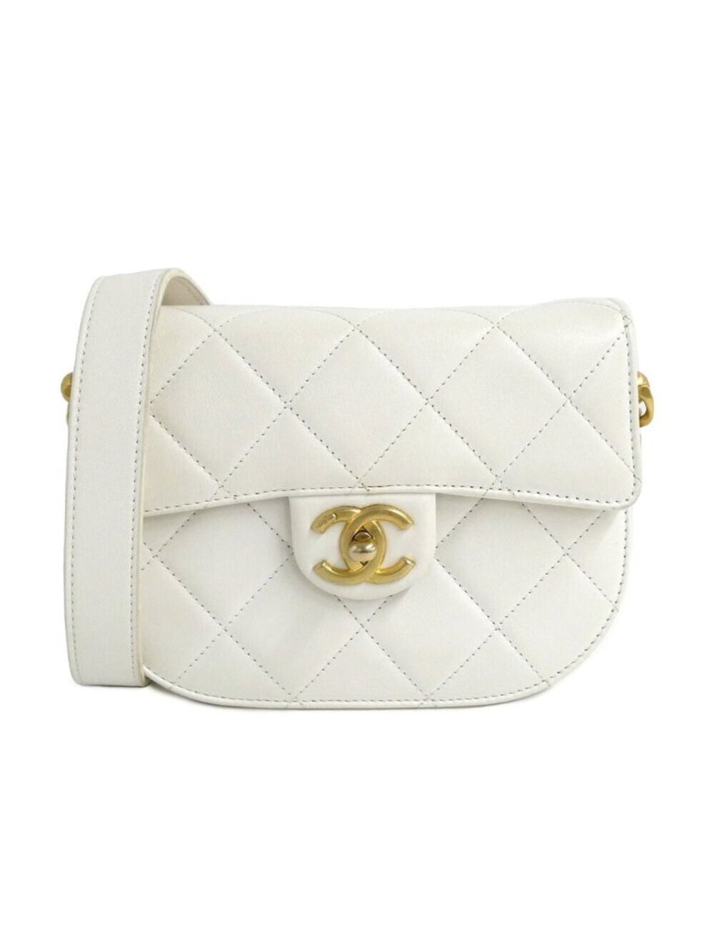 Chanel Chain Shoulder Bag Quilted White GD Lambskin Round Moon